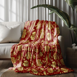 Couverture Polaire Rouge-brun & Motif damassé doré brillant