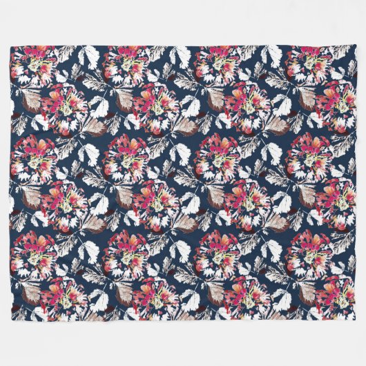 Couverture Polaire Rouge, fleurs blanches sur bleu. (Devant (Horizontal))