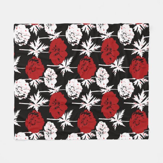 Couverture Polaire Rouge, fleurs blanches sur noir (Devant (Horizontal))