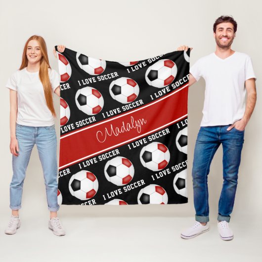 Couverture Polaire rouge noir J'aime le motif texte de football (En situation)