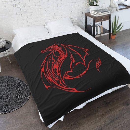 Couverture Polaire Rouge Tribal Dragon Noir