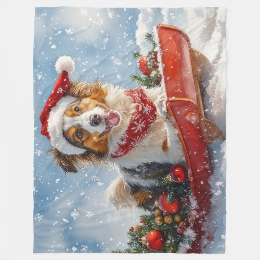Couverture Polaire Rough Collie Dog in Sledge Let Snow Christmas (Devant)