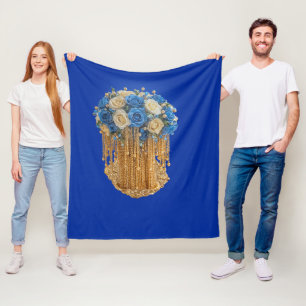 Couverture Polaire Royal Blue & Gold Floral — Plaid Épais en Molleton