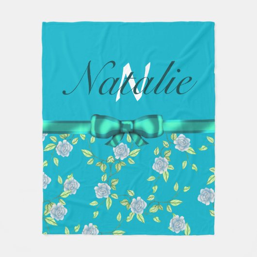 Couverture Polaire Ruban vert et monogramme Rose bleu (Devant)