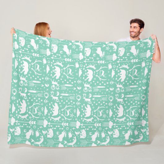 Couverture Polaire Rustic Bear Fox Deer Raccoon Folk Art Motif (En situation)