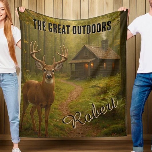Couverture Polaire Rustic Deer Hunting Cabin Forest Signature Name