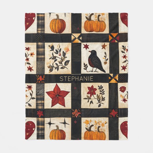 Couverture Polaire Rustic Fall Quilt Motif | Patchwork agricole (Devant)