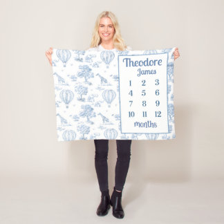 Couverture Polaire SAFARI TOILE MILESTONE Blanche, Bébé garçon bleu h
