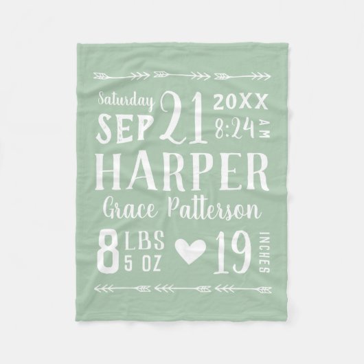 Couverture Polaire Sage Green Baby Girl Birth Stats Keepsaké (Devant)