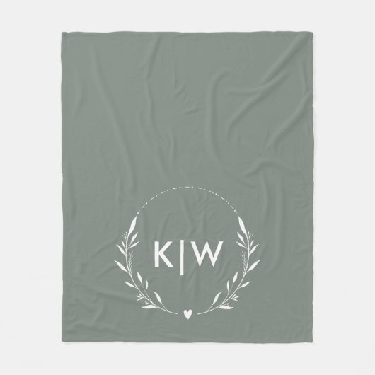 Couverture Polaire Sage vert et blanc | Monogramme des initiales mode (Devant)