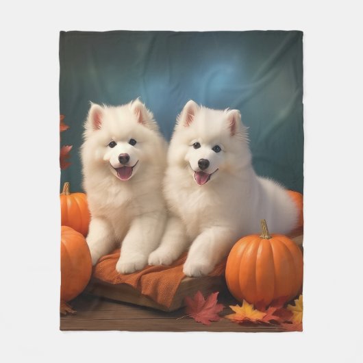 Couverture Polaire Samoyed Chiot Automne Citrouille de plaisir (Devant)