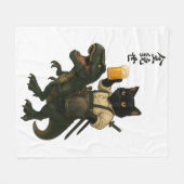 Couverture Polaire Samurai Cat with Beer & T-Rex | Retro Japanese Art (Devant (Horizontal))