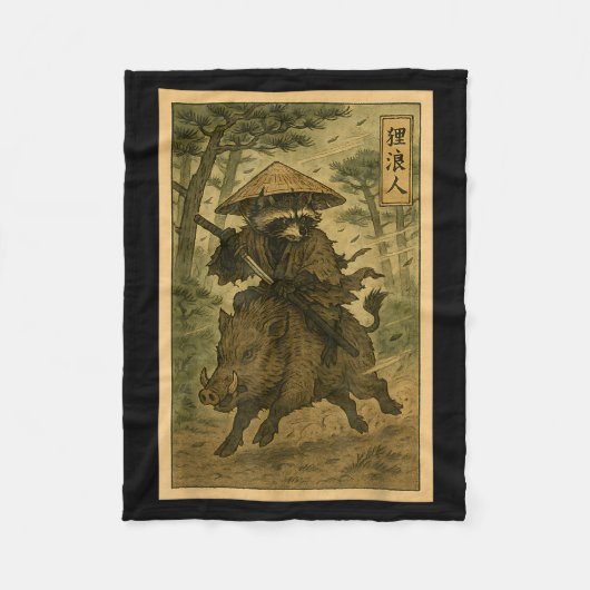 Couverture Polaire Samurai Raccoon Ronin Riding Boar Japanese Forest  (Devant)
