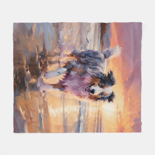 Couverture Polaire Sandy Australian Shepherd Dog on Beach Sunset (Devant (Horizontal))