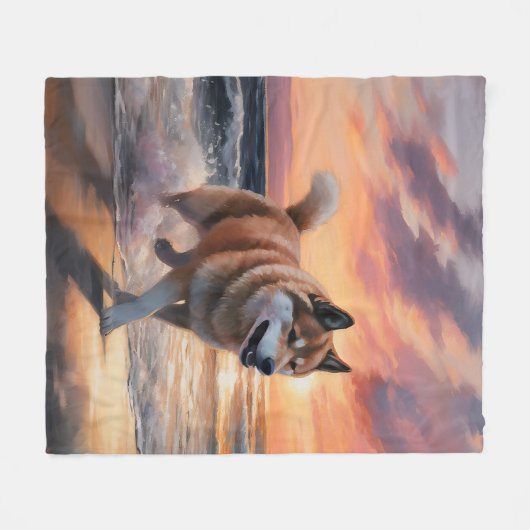 Couverture Polaire Sandy Paws Akita Chien sur le coucher du soleil de (Devant (Horizontal))