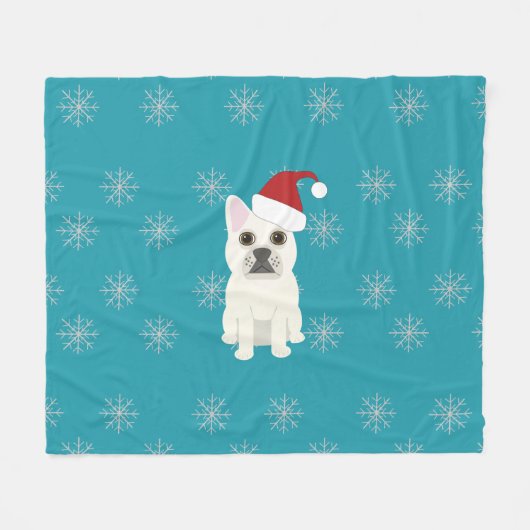 Couverture Polaire Santa Frenchie, Flocons Bleus (Devant (Horizontal))