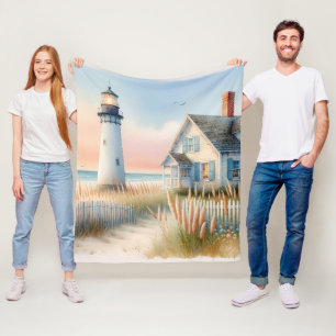 Couverture Polaire Scène aquarelle d'un phare et d'un cottage au bord
