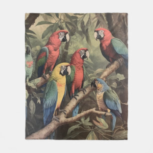Couverture Polaire Scène botanique vintage perroquets colorés dans un