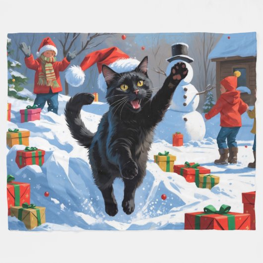 Couverture Polaire Scène de fête de Noël de chat noir (Devant (Horizontal))