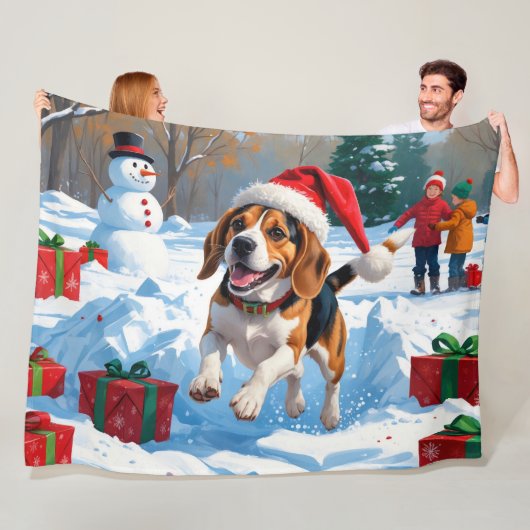 Couverture Polaire Scène de neige festive de Noël Beagle (En situation)