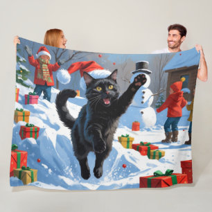 Couverture Polaire Scène de neige festive de Noël Black Cat