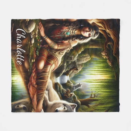 Couverture Polaire Scène pacifique : Amérindiens et loups (Devant (Horizontal))