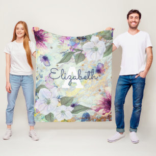 Couverture Polaire Script d'aquarelle vintage fleurie vert monogramme