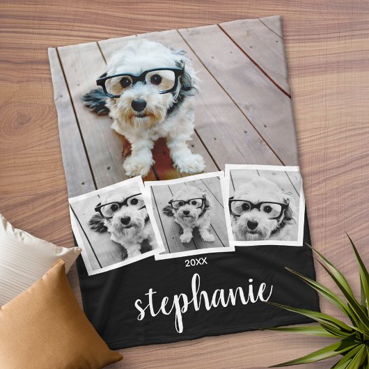 Couverture Polaire Script de collage de 4 photos tendance Nom Blanc N
