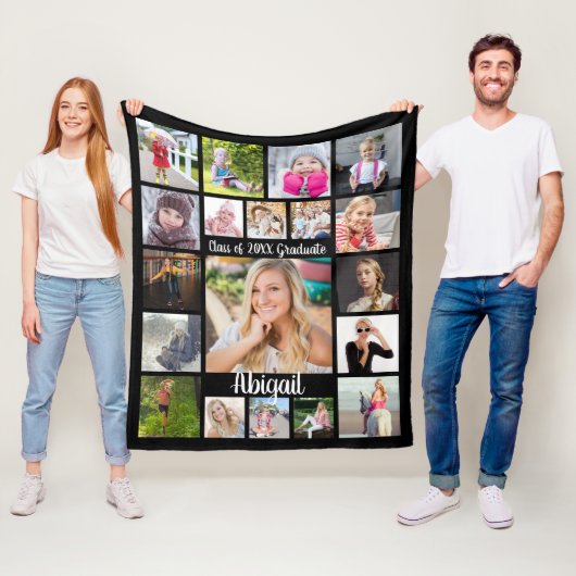 Couverture Polaire Script manuscrit 19 Photo Collage Diplômé Noir (En situation)