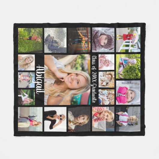 Couverture Polaire Script manuscrit 19 Photo Collage Diplômé Noir (Devant (Horizontal))