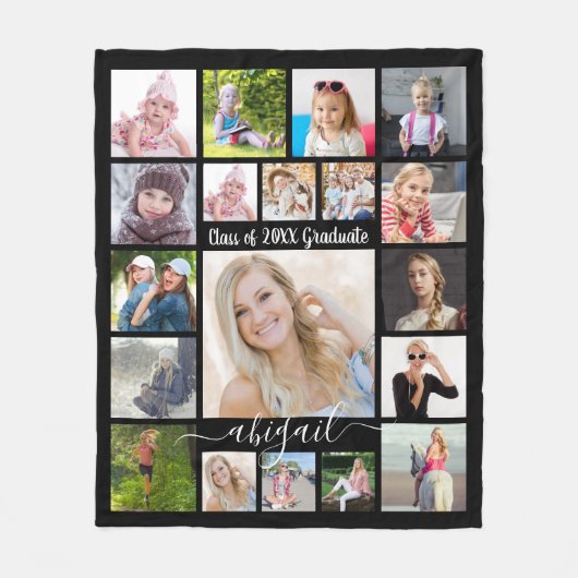 Couverture Polaire Script manuscrit 19 Photo Collage Diplômé Noir (Devant)