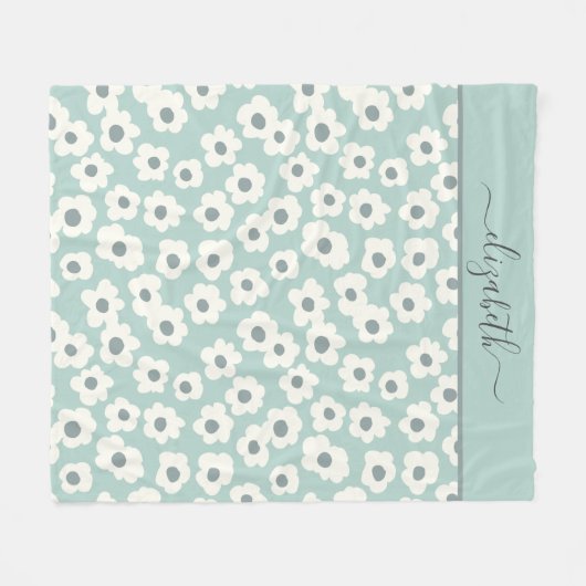Couverture Polaire Script Monogramme Boho vert blanc gris floral (Devant (Horizontal))