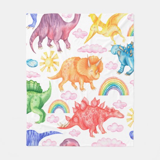 Couverture Polaire Seamless pattern depicting colored dinosaurs, rain (Devant)