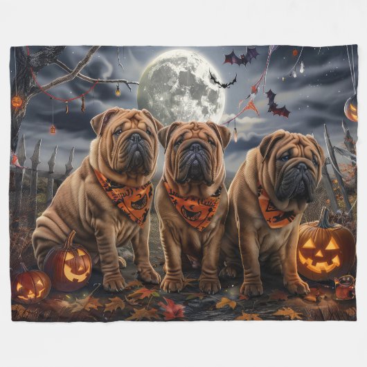 Couverture Polaire Shar Pei Halloween Éffrayant (Devant (Horizontal))