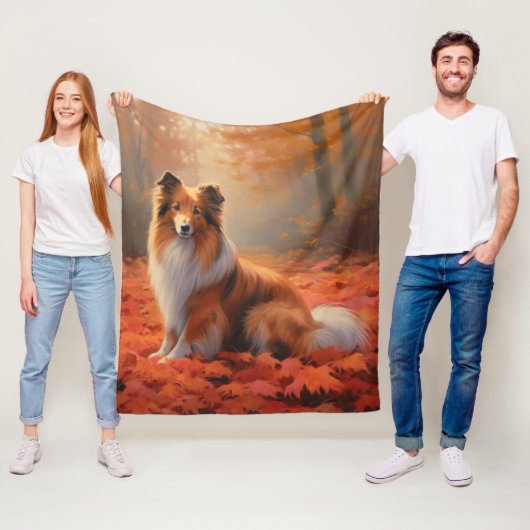 Couverture Polaire Shetland Sheepdog en automne Feuilles automne Insp (En situation)