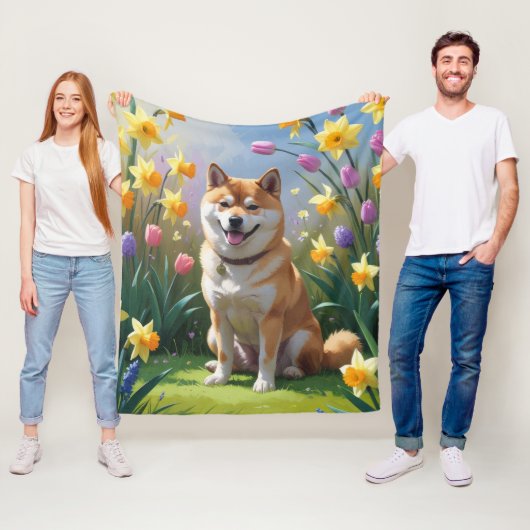 Couverture Polaire Shiba Inu Chien Fleurs de printemps Peinture (En situation)