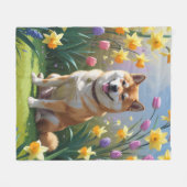 Couverture Polaire Shiba Inu Chien Fleurs de printemps Peinture (Devant (Horizontal))