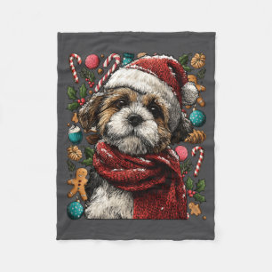 Couverture Polaire Shih Tzu festif avec chapeau de Père Noël enneigé