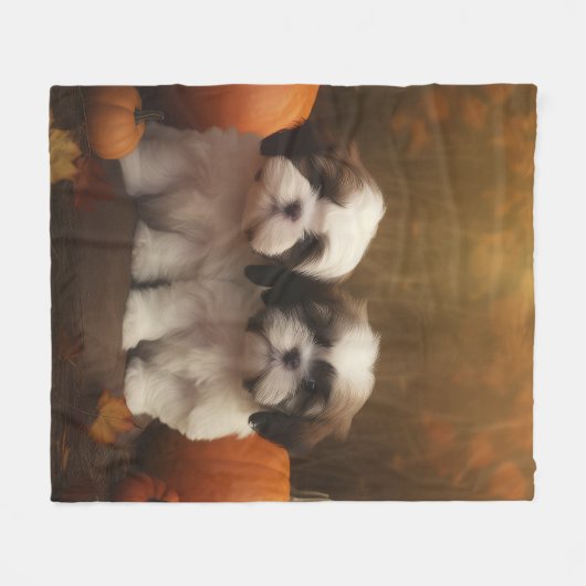 Couverture Polaire Shih Tzu Puppy Automne Citrouille de plaisir (Devant (Horizontal))