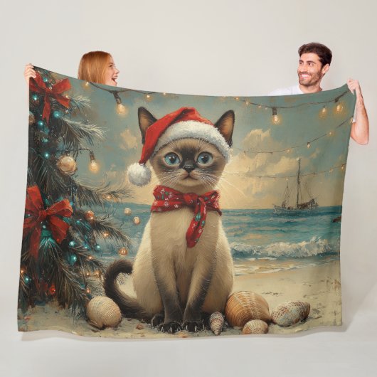 Couverture Polaire Siamese Chat Christmas Plage Vintage (En situation)
