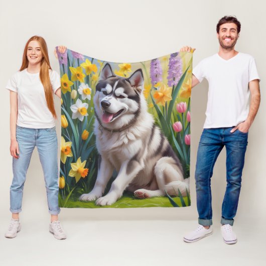 Couverture Polaire Sibérie Husky Chien Fleurs de printemps Peinture (En situation)