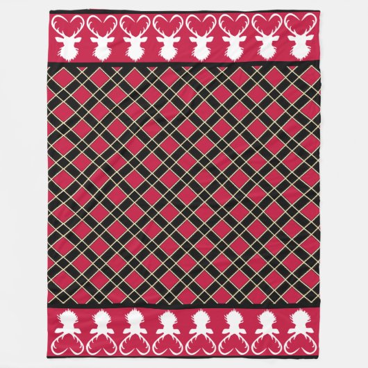 Couverture Polaire Silhouettes de À damiers rouge noir et rennes (Devant)