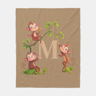 Couverture Polaire Singes mignons chic, monogramme doré sur beige cha