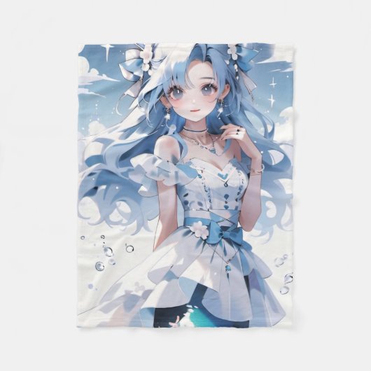 Couverture Polaire Sirène avec cheveux bleus dans une robe bleue (Devant)