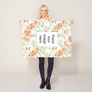 Couverture Polaire Small Throw Blanket, Peach Flowers, Add Name/Pic
