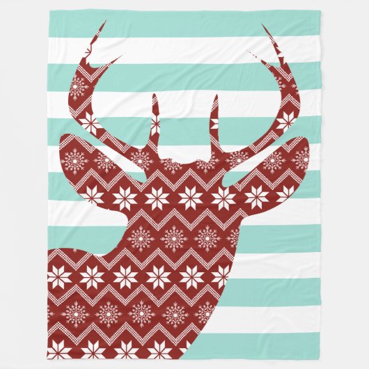 Couverture Polaire Snowflakes Red Deer Blue Stripes Blanche (Devant)