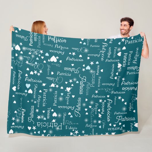 Couverture Polaire Son nom & Coeurs girly bleu turquoise (En situation)