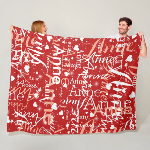 Couverture Polaire Son nom & cœurs mignons partout rouge chaud