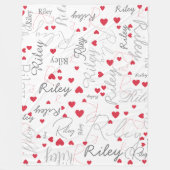 Couverture Polaire Son nom Initiale et Coeurs rouges partout Blanc (Devant)