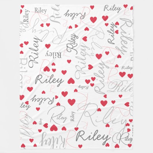 Couverture Polaire Son nom Initiale et Coeurs rouges partout Blanc (Devant)